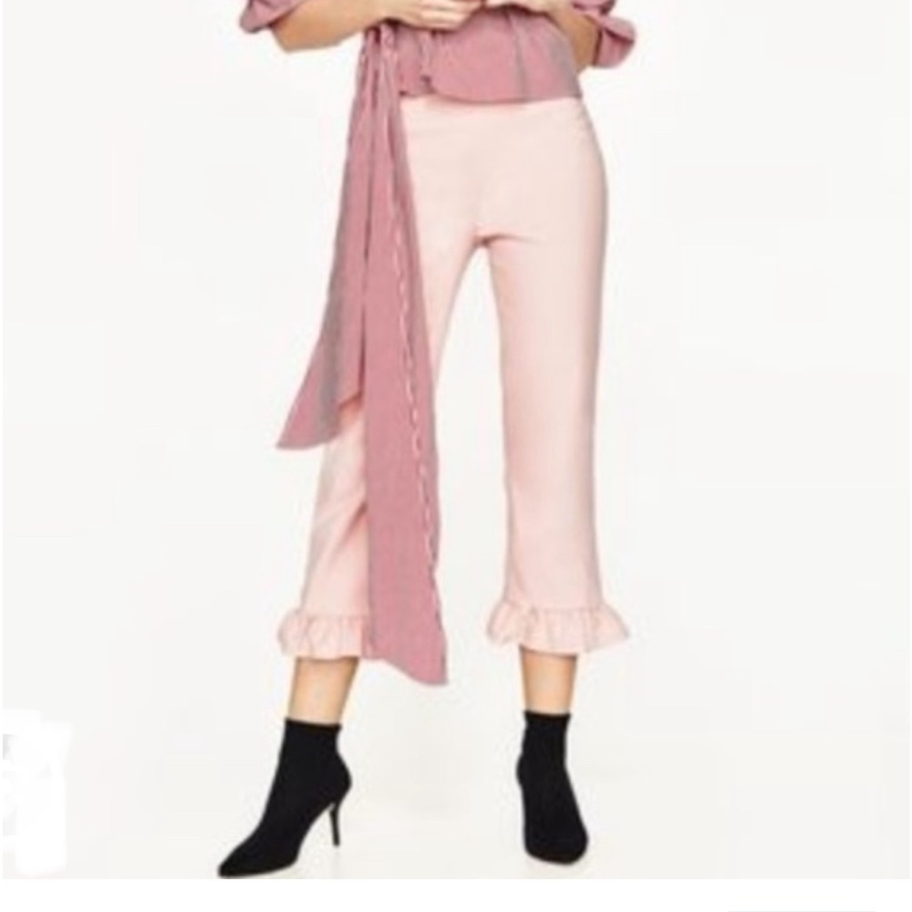 Zara light pink crop pants frill ruffle trim
